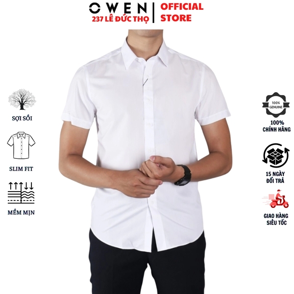 Áo sơ mi nam tay ngắn Owen AS260524NV màu trắng trơn dáng ôm slim fit tà lượn không túi chất liệu sợi sồi