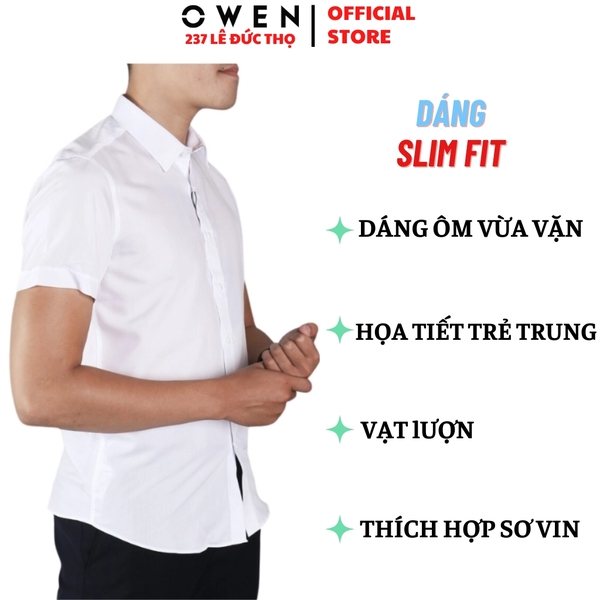 Áo sơ mi nam tay ngắn Owen AS260524NV màu trắng trơn dáng ôm slim fit tà lượn không túi chất liệu sợi sồi