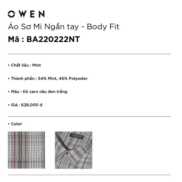 Áo Sơ Mi Nam Tay Ngắn Owen BA220222NT Màu Kẻ Caro Nâu Đen Trắng Dáng Body Fit Tà Bằng Có Túi Chất Vải Bạc Hà