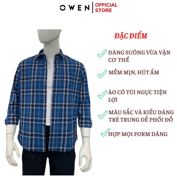 Áo Sơ Mi Nam Tay Dài Owen AJ240637DT màu xanh đậm kẻ caro Dáng J - form suông rộng tà lượn có túi ngực chất liệu Café Charcoal dày dặn
