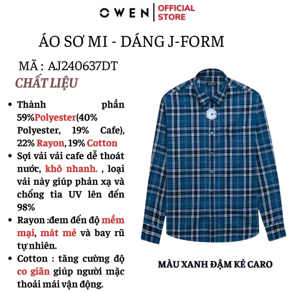 Áo Sơ Mi Nam Tay Dài Owen AJ240637DT màu xanh đậm kẻ caro Dáng J - form suông rộng tà lượn có túi ngực chất liệu Café Charcoal dày dặn
