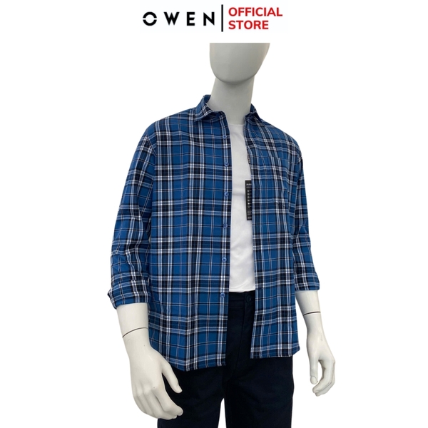 Áo Sơ Mi Nam Tay Dài Owen AJ240637DT màu xanh đậm kẻ caro Dáng J - form suông rộng tà lượn có túi ngực chất liệu Café Charcoal dày dặn