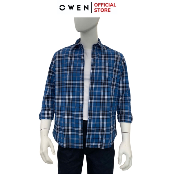 Áo Sơ Mi Nam Tay Dài Owen AJ240637DT màu xanh đậm kẻ caro Dáng J - form suông rộng tà lượn có túi ngực chất liệu Café Charcoal dày dặn