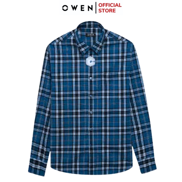 Áo Sơ Mi Nam Tay Dài Owen AJ240637DT màu xanh đậm kẻ caro Dáng J - form suông rộng tà lượn có túi ngực chất liệu Café Charcoal dày dặn