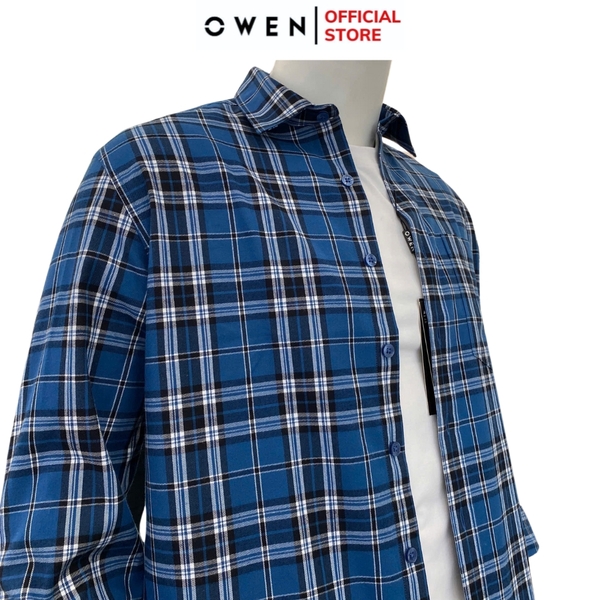 Áo Sơ Mi Nam Tay Dài Owen AJ240637DT màu xanh đậm kẻ caro Dáng J - form suông rộng tà lượn có túi ngực chất liệu Café Charcoal dày dặn