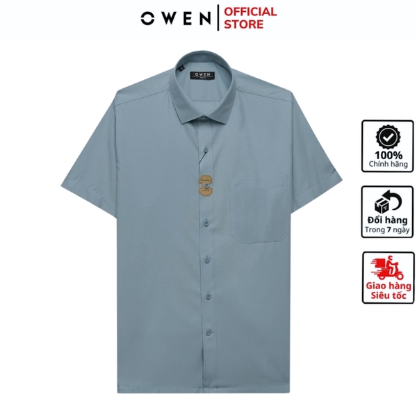 Áo sơ mi nam tay ngắn Owen AB250071NT màu xanh dáng suông body fit tà bằng có túi chất liệu Bamboo poly