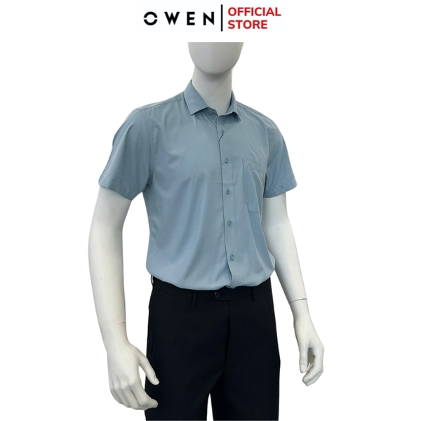 Áo sơ mi nam tay ngắn Owen AB250071NT màu xanh dáng suông body fit tà bằng có túi chất liệu Bamboo poly