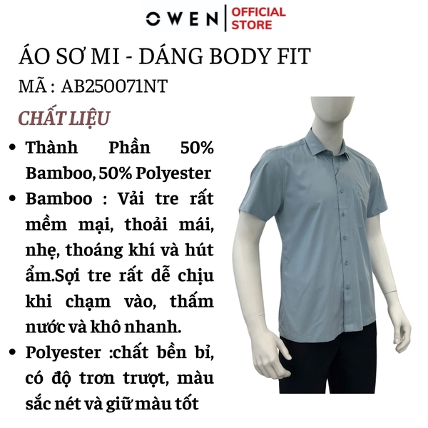 Áo sơ mi nam tay ngắn Owen AB250071NT màu xanh dáng suông body fit tà bằng có túi chất liệu Bamboo poly