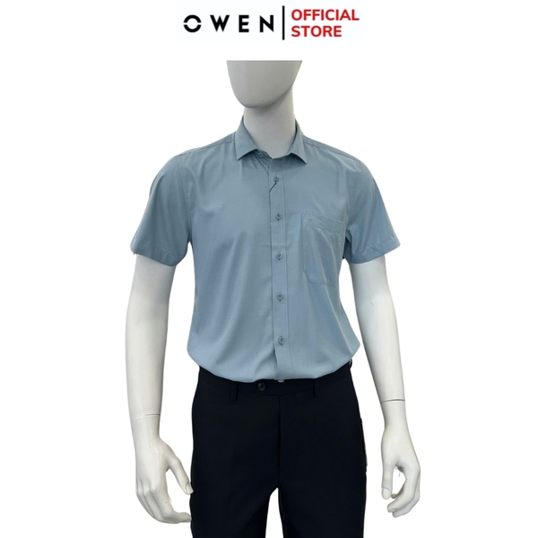 Áo sơ mi nam tay ngắn Owen AB250071NT màu xanh dáng suông body fit tà bằng có túi chất liệu Bamboo poly