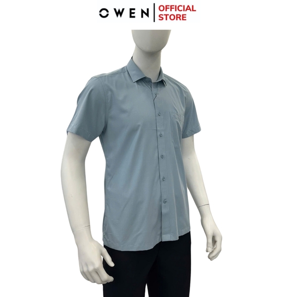Áo sơ mi nam tay ngắn Owen AB250071NT màu xanh dáng suông body fit tà bằng có túi chất liệu Bamboo poly