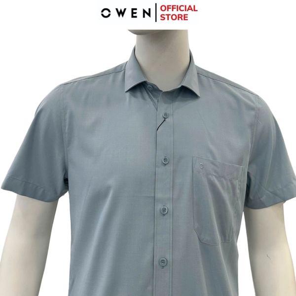 Áo sơ mi nam tay ngắn Owen AB250071NT màu xanh dáng suông body fit tà bằng có túi chất liệu Bamboo poly