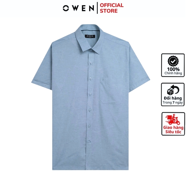 Áo sơ mi nam tay ngắn Owen AB250081NT màu xanh nhạt dáng suông body fit tà bằng có túi chất liệu Bambo linen