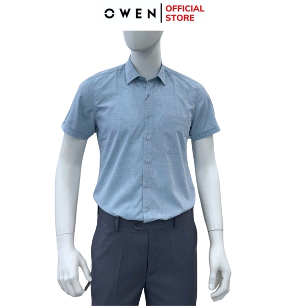 Áo sơ mi nam tay ngắn Owen AB250081NT màu xanh nhạt dáng suông body fit tà bằng có túi chất liệu Bambo linen