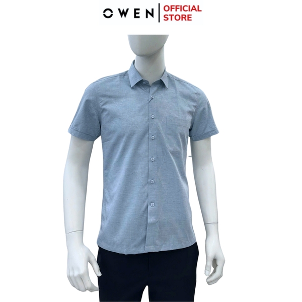Áo sơ mi nam tay ngắn Owen AB250081NT màu xanh nhạt dáng suông body fit tà bằng có túi chất liệu Bambo linen