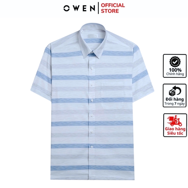 Áo sơ mi nam tay ngắn Owen AB250115NT màu trắng kẻ xanh dáng suông body fit tà bằng có túi chất liệu bamboo spandex
