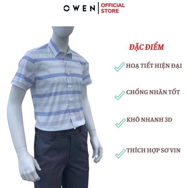Áo sơ mi nam tay ngắn Owen AB250115NT màu trắng kẻ xanh dáng suông body fit tà bằng có túi chất liệu bamboo spandex