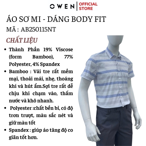 Áo sơ mi nam tay ngắn Owen AB250115NT màu trắng kẻ xanh dáng suông body fit tà bằng có túi chất liệu bamboo spandex