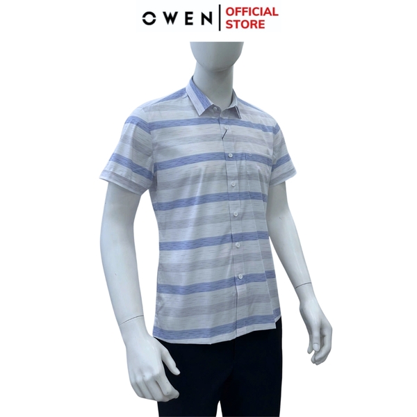 Áo sơ mi nam tay ngắn Owen AB250115NT màu trắng kẻ xanh dáng suông body fit tà bằng có túi chất liệu bamboo spandex