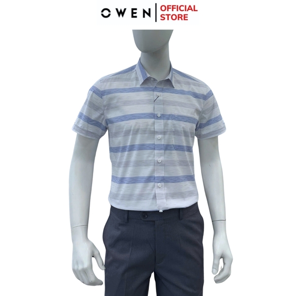 Áo sơ mi nam tay ngắn Owen AB250115NT màu trắng kẻ xanh dáng suông body fit tà bằng có túi chất liệu bamboo spandex