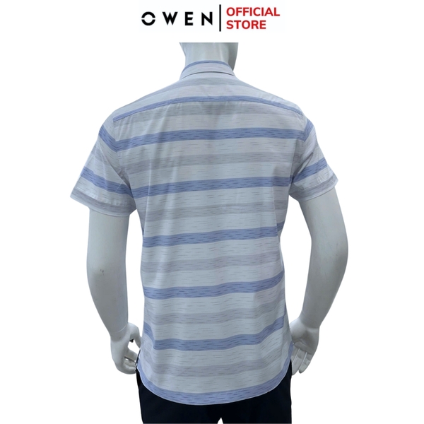Áo sơ mi nam tay ngắn Owen AB250115NT màu trắng kẻ xanh dáng suông body fit tà bằng có túi chất liệu bamboo spandex