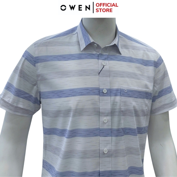 Áo sơ mi nam tay ngắn Owen AB250115NT màu trắng kẻ xanh dáng suông body fit tà bằng có túi chất liệu bamboo spandex