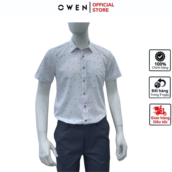 Áo sơ mi nam tay ngắn Owen AB250341NT màu trắng in họa tiết dáng suông body fit tà bằng có túi chất liệu bambo poly
