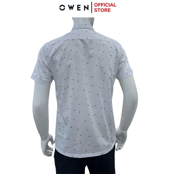 Áo sơ mi nam tay ngắn Owen AB250341NT màu trắng in họa tiết dáng suông body fit tà bằng có túi chất liệu bambo poly