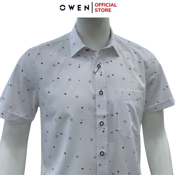 Áo sơ mi nam tay ngắn Owen AB250341NT màu trắng in họa tiết dáng suông body fit tà bằng có túi chất liệu bambo poly