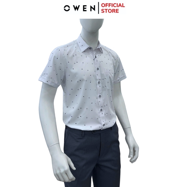 Áo sơ mi nam tay ngắn Owen AB250341NT màu trắng in họa tiết dáng suông body fit tà bằng có túi chất liệu bambo poly