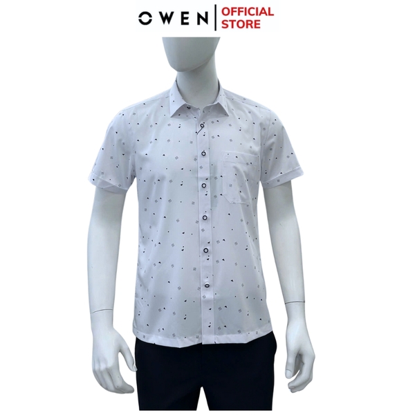 Áo sơ mi nam tay ngắn Owen AB250341NT màu trắng in họa tiết dáng suông body fit tà bằng có túi chất liệu bambo poly