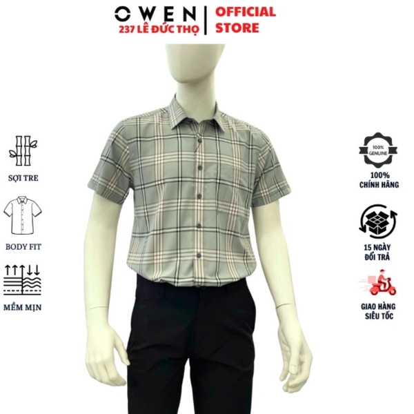 Áo Sơ Mi Nam Tay Ngắn Owen AB260098NT Xám Xanh Kẻ Caro Body Fit