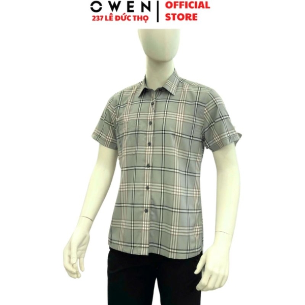 Áo Sơ Mi Nam Tay Ngắn Owen AB260098NT Xám Xanh Kẻ Caro Body Fit
