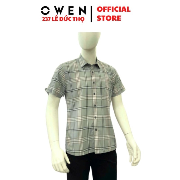 Áo Sơ Mi Nam Tay Ngắn Owen AB260098NT Xám Xanh Kẻ Caro Body Fit