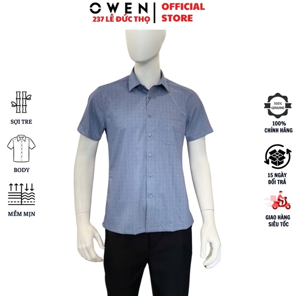 Áo sơ mi nam tay ngắn Owen AB261039NT màu xanh đậm họa tiết dáng suông body fit tà bằng có túi chất liệu Bamboo polyester