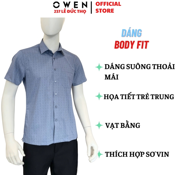 Áo sơ mi nam tay ngắn Owen AB261039NT màu xanh đậm họa tiết dáng suông body fit tà bằng có túi chất liệu Bamboo polyester