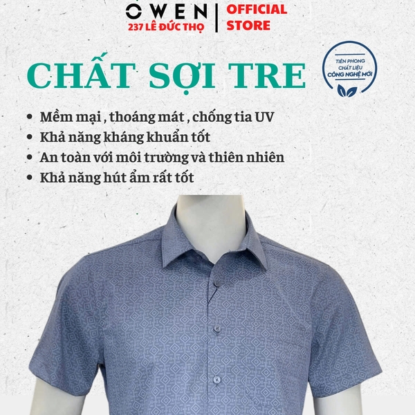 Áo sơ mi nam tay ngắn Owen AB261039NT màu xanh đậm họa tiết dáng suông body fit tà bằng có túi chất liệu Bamboo polyester