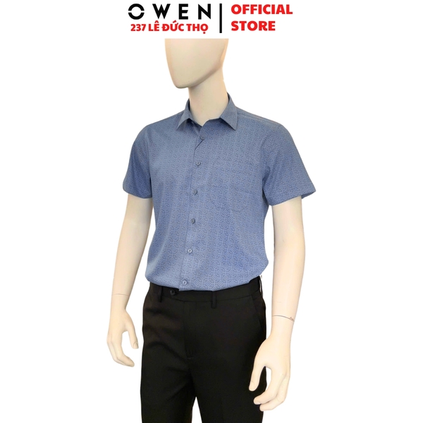 Áo sơ mi nam tay ngắn Owen AB261039NT màu xanh đậm họa tiết dáng suông body fit tà bằng có túi chất liệu Bamboo polyester