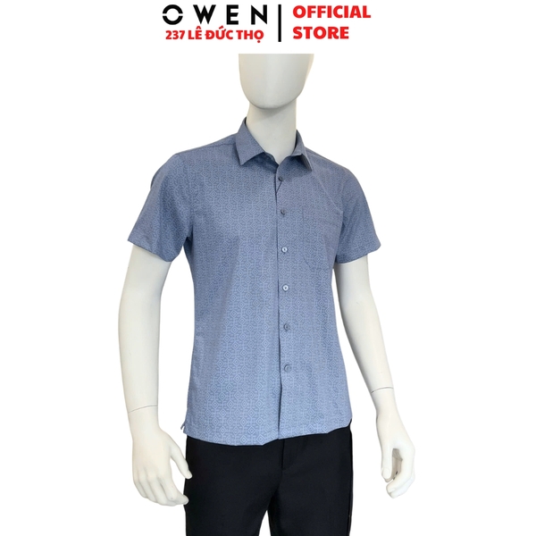 Áo sơ mi nam tay ngắn Owen AB261039NT màu xanh đậm họa tiết dáng suông body fit tà bằng có túi chất liệu Bamboo polyester