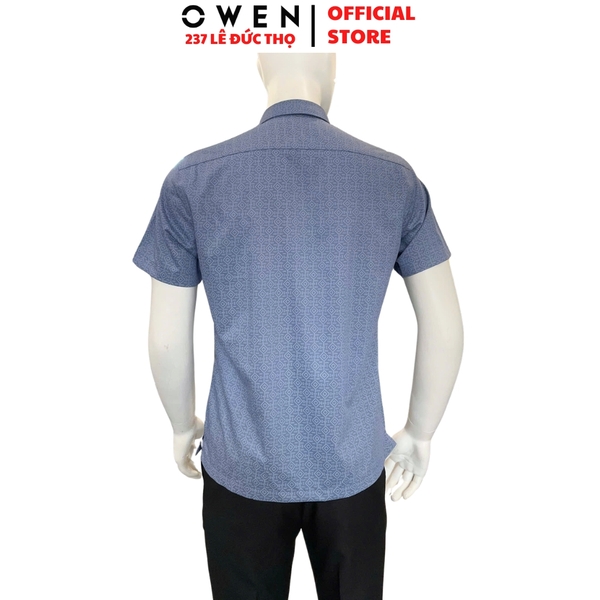 Áo sơ mi nam tay ngắn Owen AB261039NT màu xanh đậm họa tiết dáng suông body fit tà bằng có túi chất liệu Bamboo polyester
