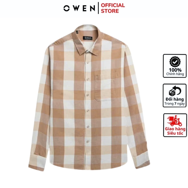 Áo Sơ Mi Nam Tay Dài Owen AJ240724DT màu be hồng kẻ caro Dáng J - form suông rộng tà lượn có túi ngực Chất liệu CVC dày dặn