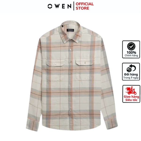 Áo Sơ Mi Nam Tay Dài Owen AJ240725DT màu be kẻ caro Dáng J - form suông rộng tà lượn 2 túi ngực có nắp Chất liệu CVC dày dặn