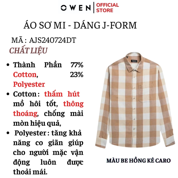 Áo Sơ Mi Nam Tay Dài Owen AJ240724DT màu be hồng kẻ caro Dáng J - form suông rộng tà lượn có túi ngực Chất liệu CVC dày dặn