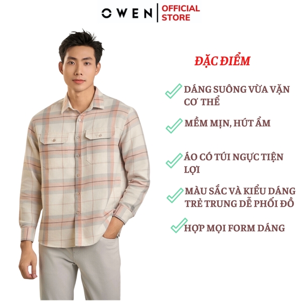 Áo Sơ Mi Nam Tay Dài Owen AJ240725DT màu be kẻ caro Dáng J - form suông rộng tà lượn 2 túi ngực có nắp Chất liệu CVC dày dặn