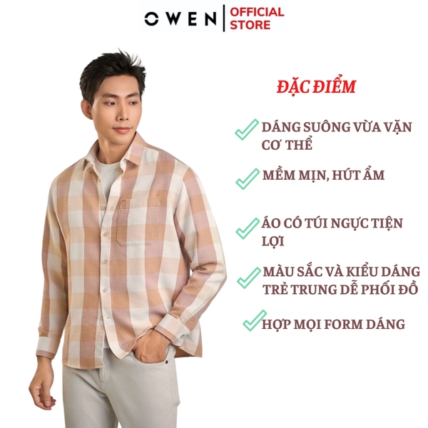 Áo Sơ Mi Nam Tay Dài Owen AJ240724DT màu be hồng kẻ caro Dáng J - form suông rộng tà lượn có túi ngực Chất liệu CVC dày dặn