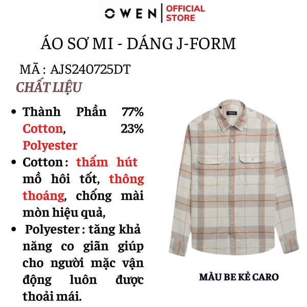 Áo Sơ Mi Nam Tay Dài Owen AJ240725DT màu be kẻ caro Dáng J - form suông rộng tà lượn 2 túi ngực có nắp Chất liệu CVC dày dặn