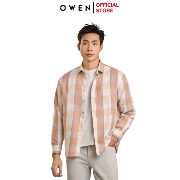 Áo Sơ Mi Nam Tay Dài Owen AJ240724DT màu be hồng kẻ caro Dáng J - form suông rộng tà lượn có túi ngực Chất liệu CVC dày dặn