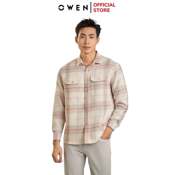 Áo Sơ Mi Nam Tay Dài Owen AJ240725DT màu be kẻ caro Dáng J - form suông rộng tà lượn 2 túi ngực có nắp Chất liệu CVC dày dặn