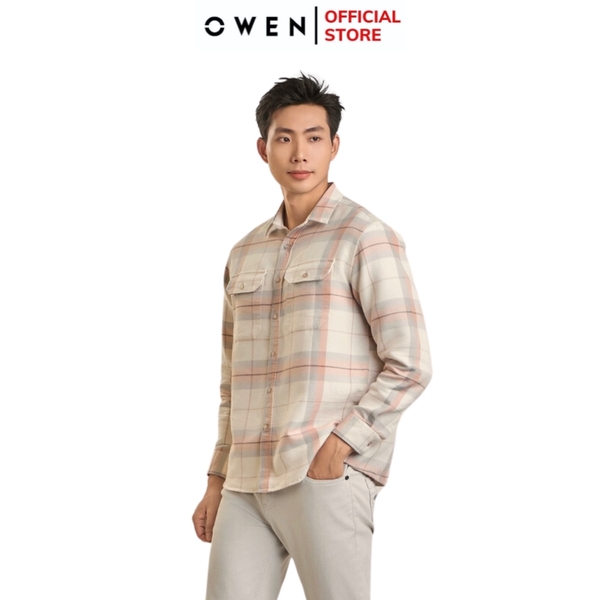 Áo Sơ Mi Nam Tay Dài Owen AJ240725DT màu be kẻ caro Dáng J - form suông rộng tà lượn 2 túi ngực có nắp Chất liệu CVC dày dặn