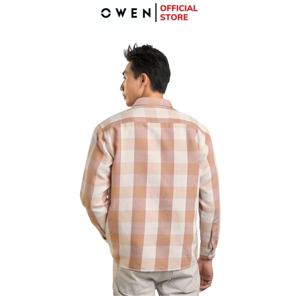 Áo Sơ Mi Nam Tay Dài Owen AJ240724DT màu be hồng kẻ caro Dáng J - form suông rộng tà lượn có túi ngực Chất liệu CVC dày dặn