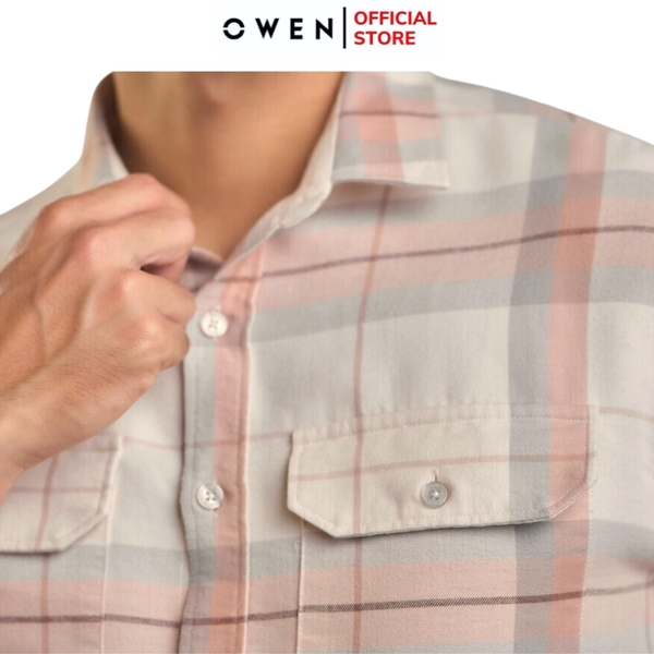 Áo Sơ Mi Nam Tay Dài Owen AJ240725DT màu be kẻ caro Dáng J - form suông rộng tà lượn 2 túi ngực có nắp Chất liệu CVC dày dặn